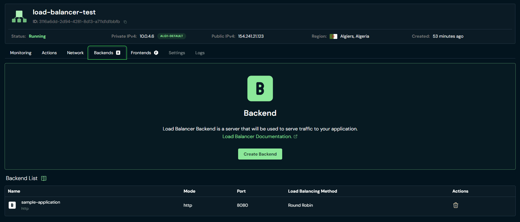 Load Balancer Backend Tab