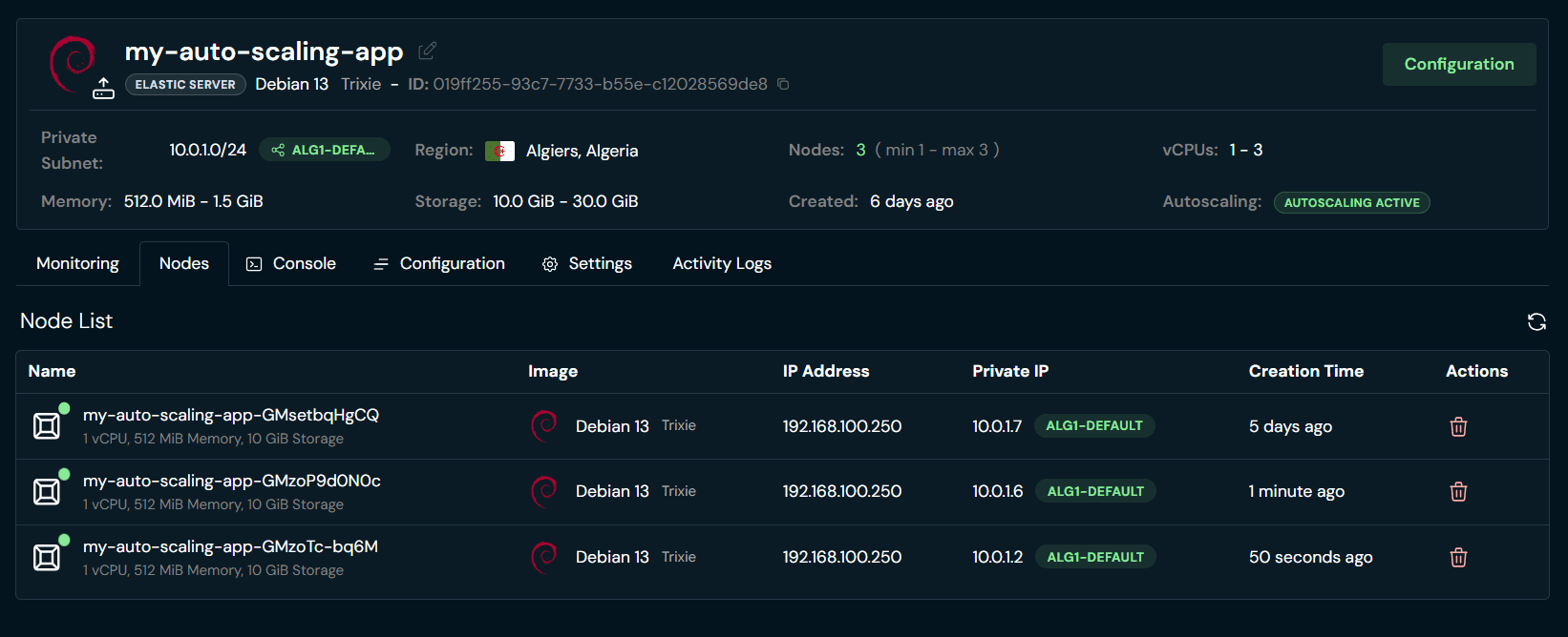 Elastic Server Nodes tab